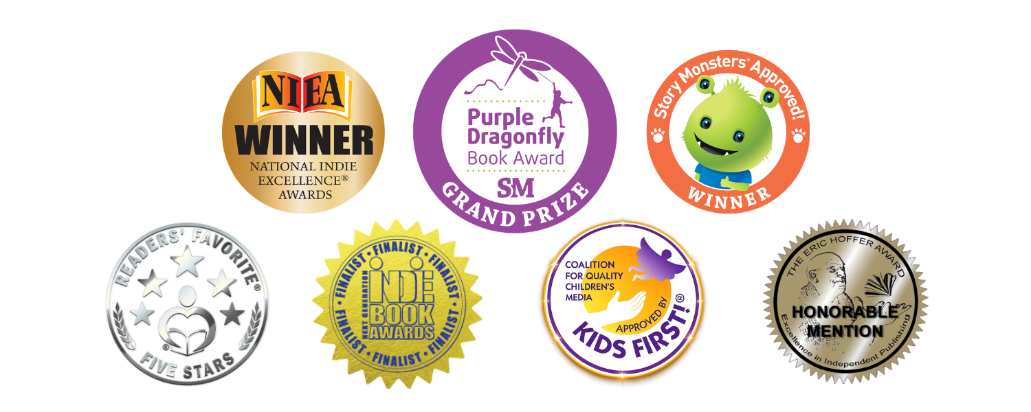 A Puppy's Tale award seals — Grand Prize Purple Dragonfly, NIEA Winner, Story Monsters Approved, and more
